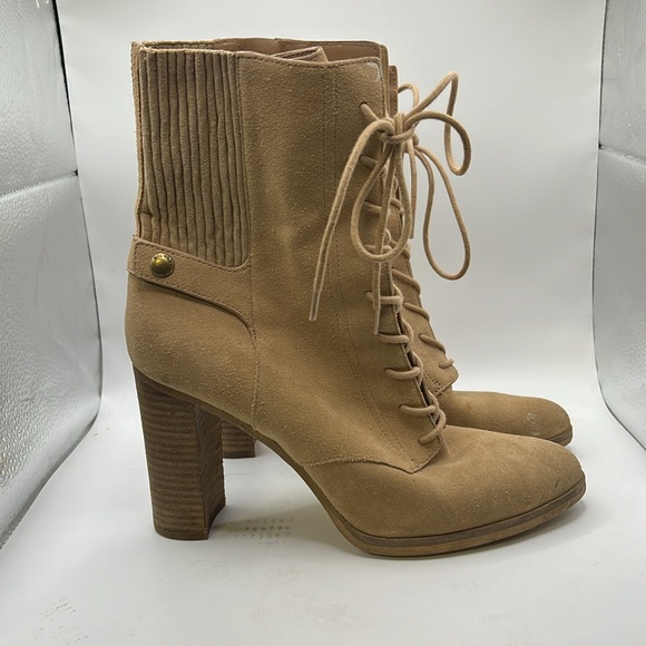 Michael Kors Lace Up Heeled Combat Boots Tan Brown Leather Womens Size 10 M - Picture 1 of 16